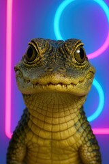Adorable baby crocodile smiling under glowing neon pink and blue lights