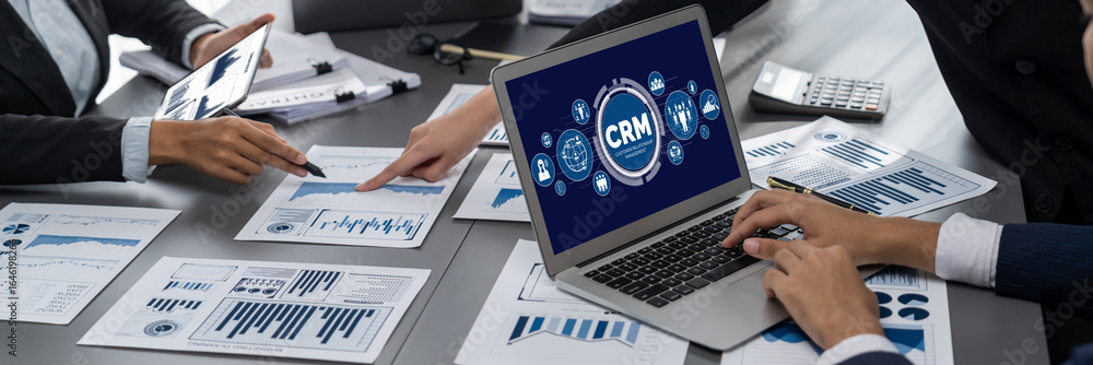 Poster customer relationship management system on brisk computer for crm business and enterprise