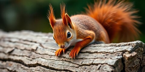 Fototapeta premium Red squirrel close-up on weathered log, bushy tail, sharp eyes, brown, red