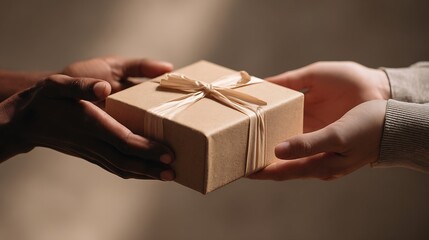 Hands exchanging a beautifully wrapped gift box tied with a ribbon symbolizing giving and receiving