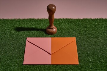 Bi-colored envelope sits on artificial grass with a wooden stamp.