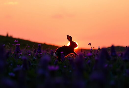 Silhouette of cute bunny hopping in purple flower field at sunset,  wallpaper,  postcard