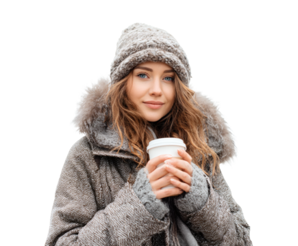 Attractive woman in winter clothes holding a cup of coffee