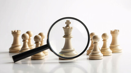 Strategic advantage focusing on key players with a magnifying glass for business success and leadership