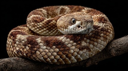 Obraz premium Intense close-up of a coiled rattlesnake's head and textured scales on a dark background, conveying primal danger and natural beauty