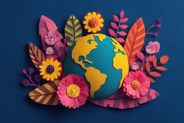Earth surrounded by colorful paper flowers and leaves.
