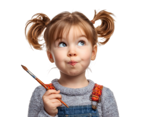 Cute little girl with pigtails holds paintbrush, lost in thought, dreaming of art.