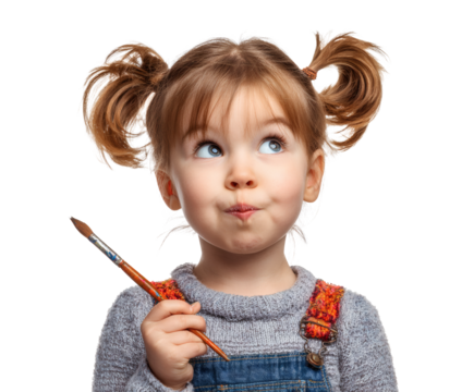 Cute little girl with pigtails holds paintbrush, lost in thought, dreaming of art.