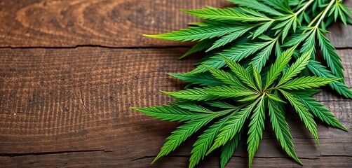 Naklejka premium Vibrant green hemp leaves arranged on rustic wooden surface, macro, industrial hemp