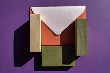 Geometric composition of wooden blocks and colored paper.
