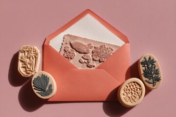 Decorative stamps arranged on a coral envelope.