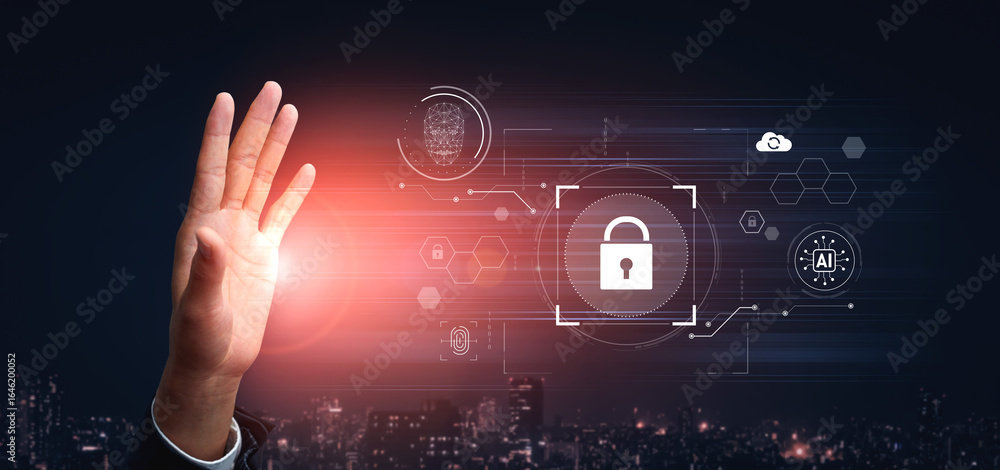 Poster ai cyber security system using biometric authentication and privacy control. cyber security protects