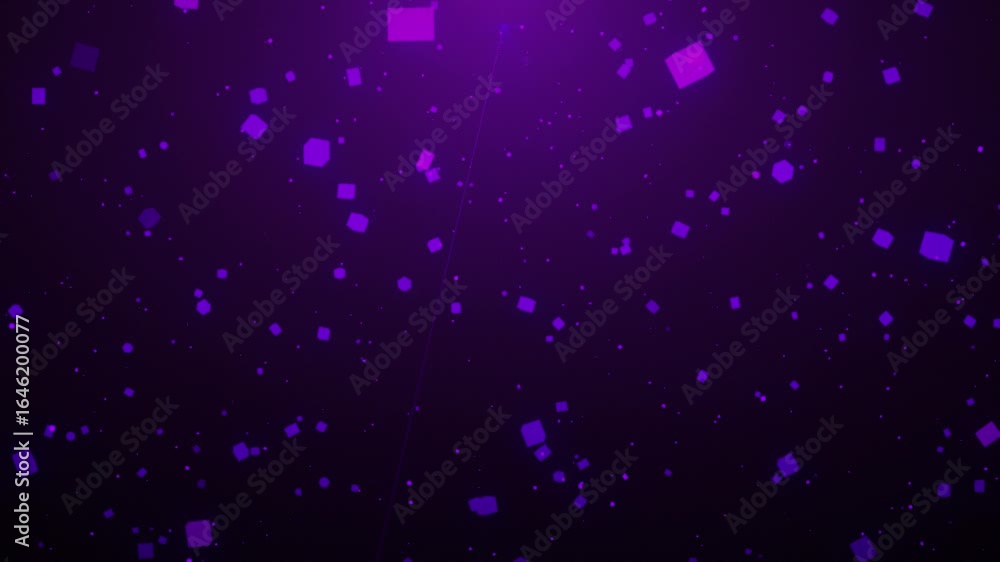 Poster glowing purple motion cubes light particle trails with reflecting particles on a purple gradient bac