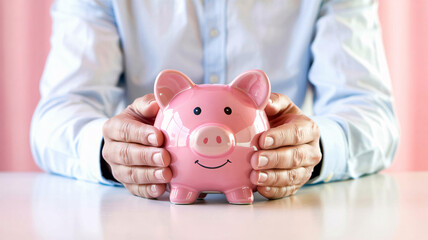 Secure your future, savings start now with this pink piggy bank held by caring hands, build wealth today