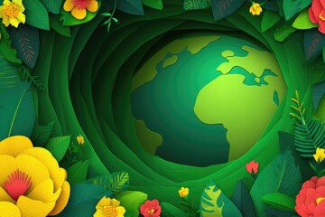 Earth surrounded by vibrant foliage and flowers.