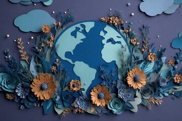 Earth adorned with paper flowers and leaves.