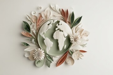 Earth surrounded by paper flowers and leaves.