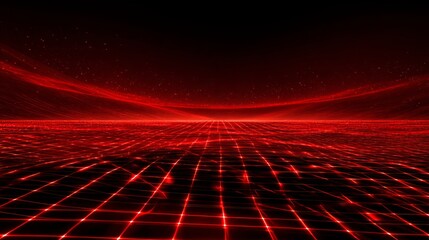 Dynamic glowing red digital grid landscape with abstract light trails and particles creating a futuristic cyberspace.