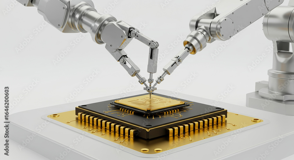 Poster robotic arms assembling microchip, precision engineering for semiconductor manufacturing. robotic ar