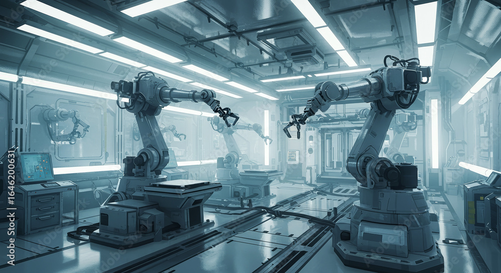 Poster futuristic laboratory with multiple robotic arms working together in automated production. multiple 
