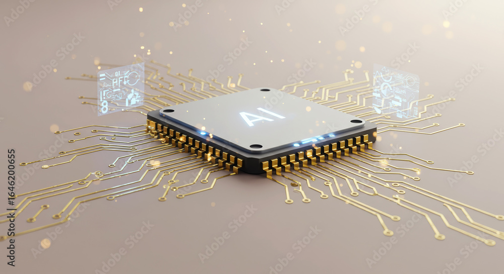 Poster conceptual futuristic ai microchip with golden connectors showcases cutting edge tech, a futuristic 