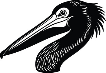 Stylized black silhouette of a pelican head and neck