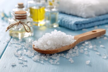 Fine sea salt crystals in a wooden spoon.