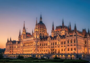 Fototapeta premium The majestic hungarian parliament building illuminated at dusk, a stunning architectural landmark in europe