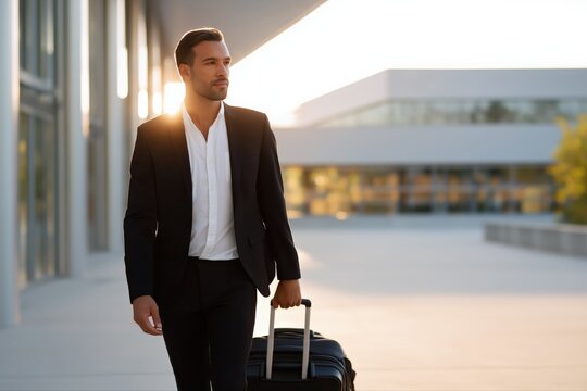 Young caucasian male in business suit walking with luggage at airport