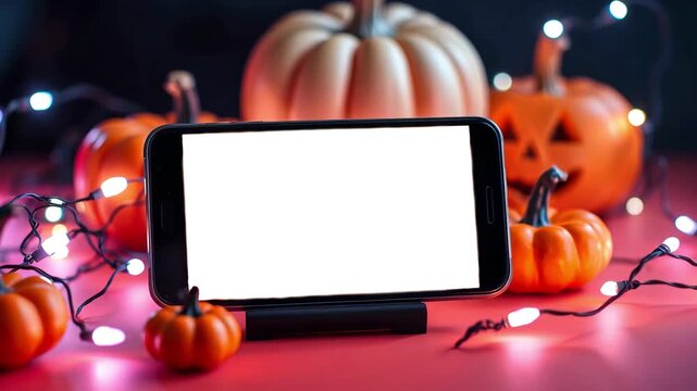 Smartphone with blank white screen surrounded by pumpkins and garland lights, halloween background, jack lantern, autumn holiday mockup, banner design with copy space