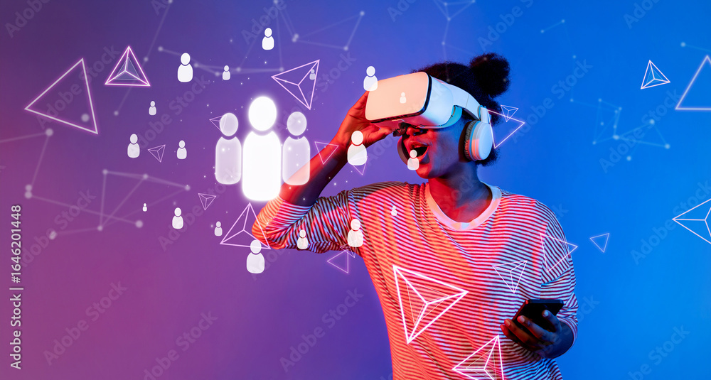 Poster a person immersed in a digital world, wearing a virtual reality headset, highlighted by abstract gra