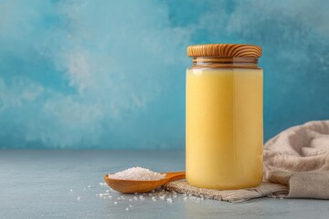 Glass jar of clarified butter with wooden lid and salt.