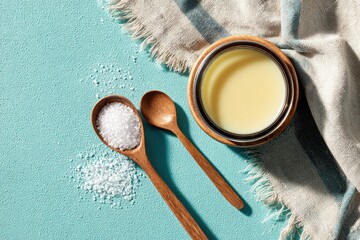 Wooden spoons holding salt and a container of shea butter on a teal surface.