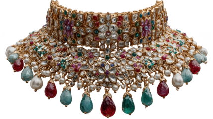 Intricately designed gold necklace with colorful gemstones and pearls, isolated on transparent background