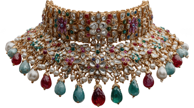 Intricately designed gold necklace with colorful gemstones and pearls, isolated on transparent background