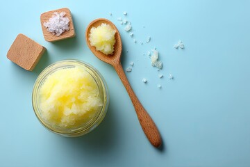 A jar of yellow scrub with wooden spoon and sea salt.