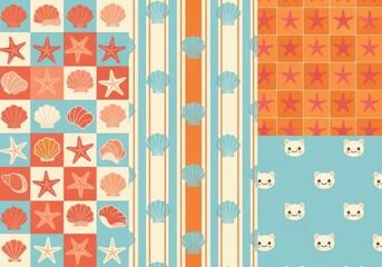Collection of seamless patterns featuring nautical shells, stripes, and cute cat faces in a playful, colorful design