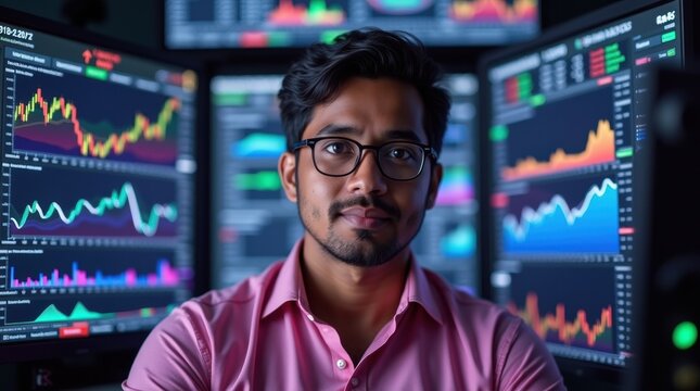 Indian trader with screens displaying financial graphs and market data.