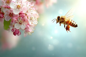 Honeybee in flight near delicate springtime blossoms.