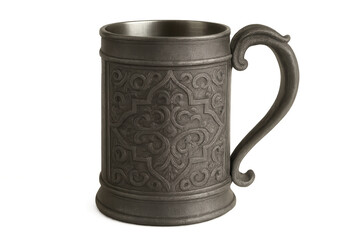 Old pewter tankard with floral embossed decoration isolated on transparent background, perfect for historical or fantasy concepts