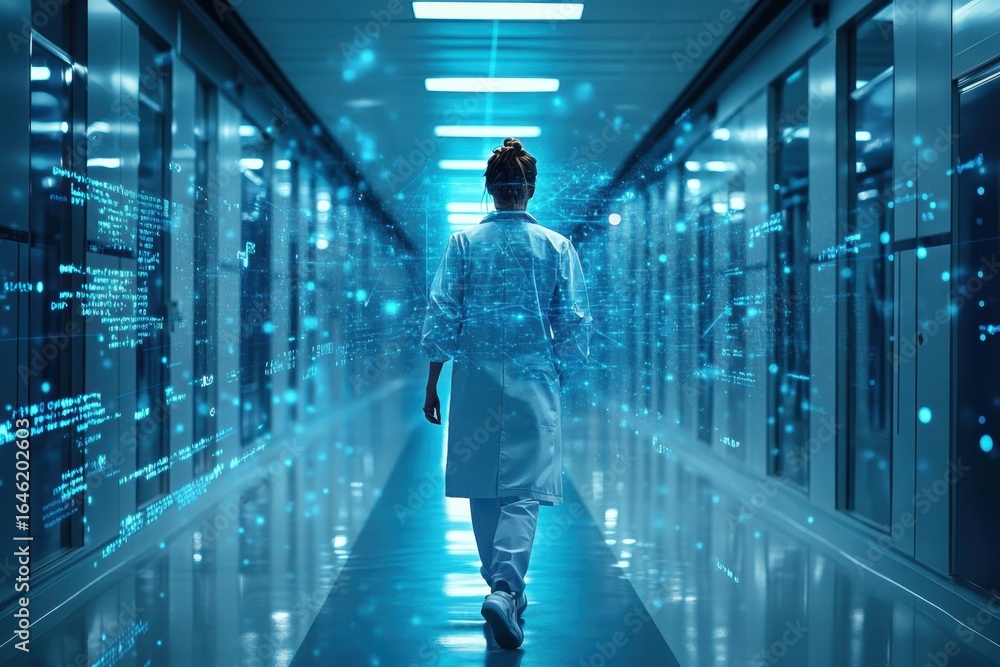 Aufkleber a scientist walks through a high-tech lab corridor surrounded by glowing data streams at night