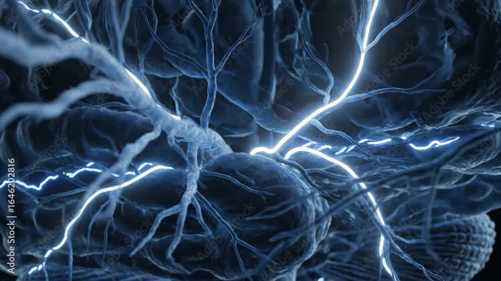Poster glowing neural pathways in the brain - a close-up, abstract view inside a human brain, showcasing br