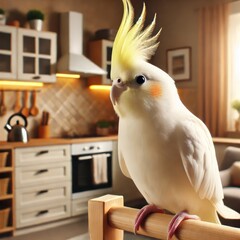Elegant white cockatiel perches gracefully in a warm kitchen setting