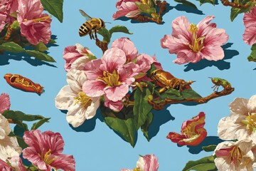 Detailed floral and insect pattern on a light blue background.