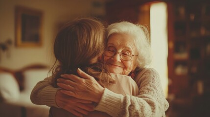 Family visit with grandchildren hugging grandmother in retirement home