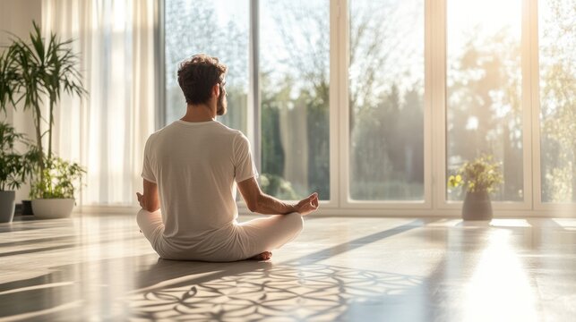Modern spiritual man meditating at home, minimalist interior, sacred geometry aura, subtle gradients, peaceful everyday balance, soft glowing harmony