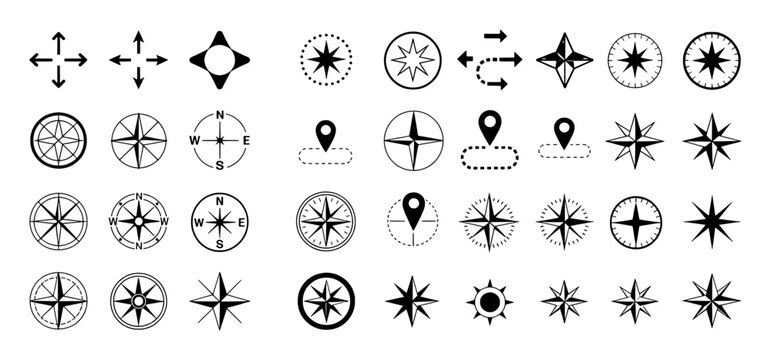 Compass rose and directional arrow icons set navigation travel