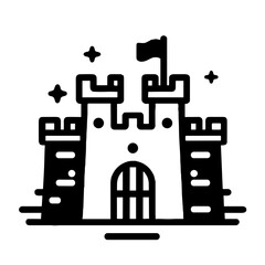 Castle with a flag in black and white with simple design for kids on transparent background