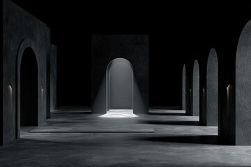 Dark, arched passageway with dramatic lighting.