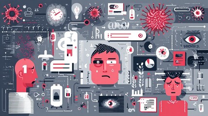 Obraz premium Illustration of flu virus particles and coughing symptoms. Visual representation of infection spread and protective measures against illness.